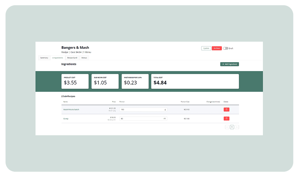 My Local Foodie Costimator Page - Costimator features